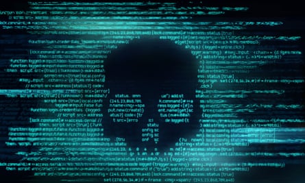 Ransomware And Code Hacking BackgroundMalicious computer programming code in the shape of a skull. Online scam, hacking and digital crime background 3D illustration
