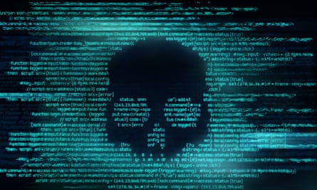 Ransomware e fundo de hacking de códigoCódigo de programação de computador malicioso na forma de um crânio. Golpe on-line, hacking e ilustração 3D de fundo de crime digital