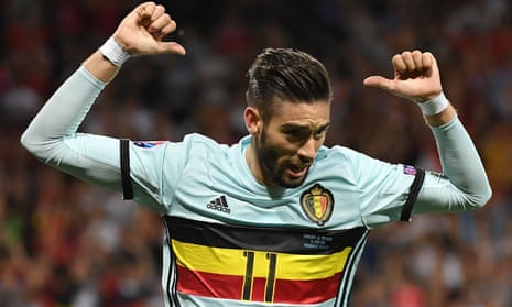 Yannick Carrasco points at the name on his shirt