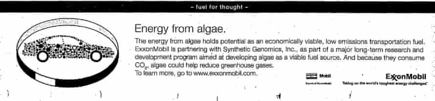 New York Times, 2009 ad from Exxon Mobil on algae biofuels