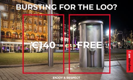 Campaign advert for the Enjoy and Respect initiative launched by the city of Amsterdam; it shows a public urinal which is free to use and a lampost, which is not – and which incurs a fine for antisocial behaviour use.