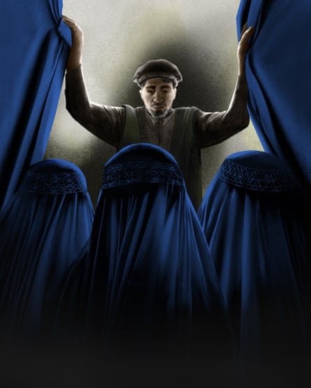 Illustration of an Afghan man standing over women in blue burqas