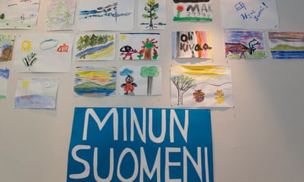 Drawings in the hallway of the care home by visiting kindergarten children.