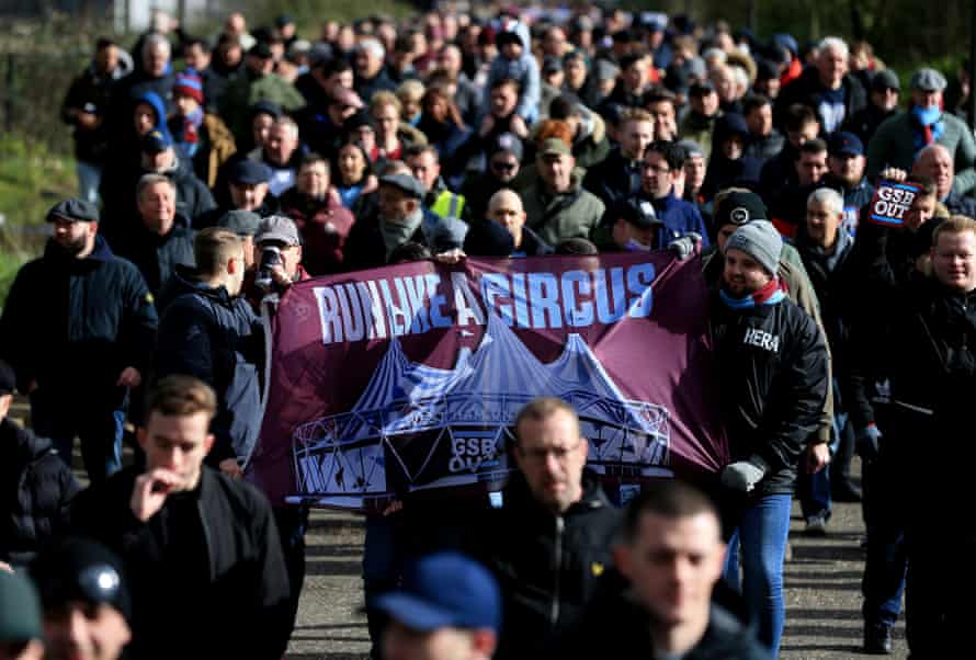 West Ham fans protest against the owners before the game at home to Southampton in February 2020.