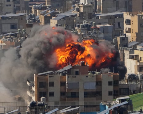 Flames rise after an Israeli airstrike in Dahiyeh Beirut's southern suburbs