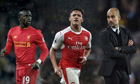 Liverpool’s Sadio Mané, Alexis Sánchez of Arsenal and Manchester City’s manager, Pep Guardiola. 