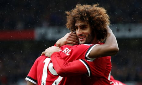 Marouane Fellaini celebrates scoring Manchester United’s third goal against Crystal Palace