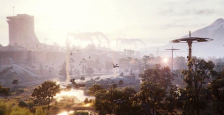 A screenshot from Arc Raiders showing a landscape bathed in sunlight