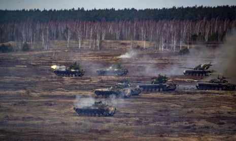 Russian and Belarus tanks during joint exercises at a firing range near Brest, Belarus.