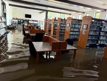 Floodwater inside the Yorktown Public Library in Yorktown, Indiana, on 13 August 2026.