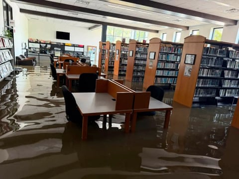 Floodwater inside the Yorktown Public Library in Yorktown, Indiana, on 13 August 2026.