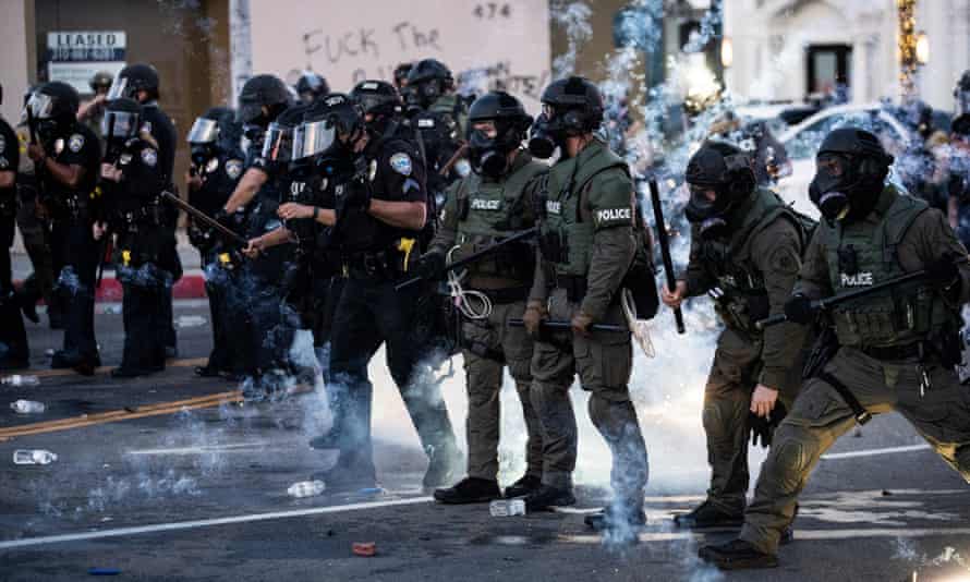 Sheriff deputies and police officers during a protest in Beverly Hills, California, 30 May 2020.