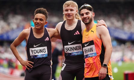 Zak Skinner poses with Thomas Young and Zac Shaw after winning the men’s 100m ambulant final at July’s Diamond League meeting in London.