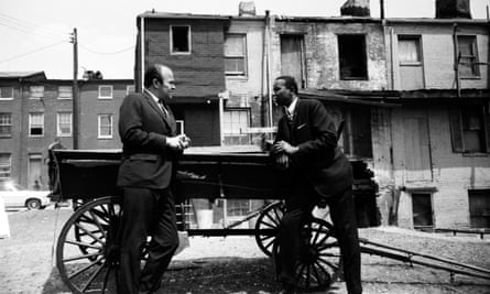 Journalist Sander Vanocur interviews Floyd McKissick, leader of the Congress of Racial Equality, in a black neighbourhood of Baltimore, Maryland in 1967.