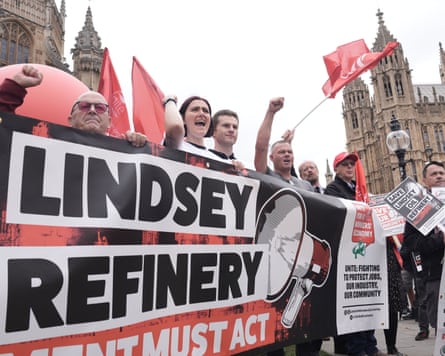 People outside parliament with banners reading ‘Save Lindsey oil refinery’ and ‘Government must act’