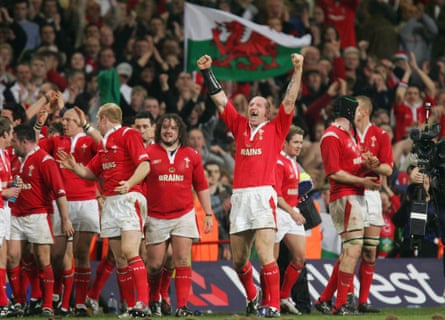 Gareth Thomas celebrates Wales’ victory over England at the Millennium Stadium in Cardiff during the 2005 Six Nations.