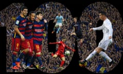 Neymar of FC Barcelona celebrates with his teammates Luis Suarez and Lionel Messi, Manchester City's Sergio Aguero celebrates scoring, Paris Saint-Germain's Swedish forward Zlatan Ibrahimovic jumps after scoring, Cristiano Ronaldo of Real Madrid in action and Robert Lewandowski of Muenchen with the ball. 
Photographs by Getty Images and Rex Features
Jim Powell
Composite