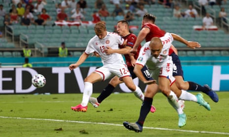 Czech Republic's Jan Boril heads the ball during the Euro 2020 soccer  championship quarterfinal match between Czech Republic and Denmark, at the  Olympic stadium in Baku, Saturday, July 3, 2021. (AP Photo/Darko