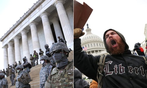 Left: Members of the DC National Guard stand on the steps of the Lincoln Memorial as demonstrators participate in a peaceful protest against police brutality and the death of George Floyd on 2 June in Washington. Photograph by Win McNamee/Getty Images. Right: A man shouts as supporters of Donald Trump gather in front of the US Capitol building on Wednesday. Photograph: Reuters/Leah Millis