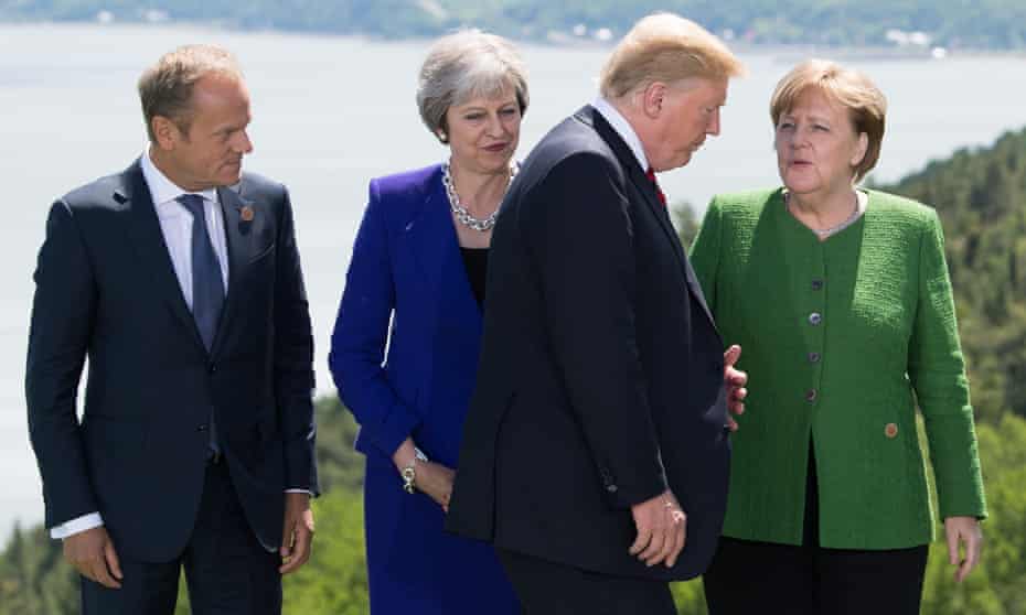 From left to right: the president of the European council, Donald Tusk, the UK prime minister, Theresa May, the US president, Donald Trump, and the German chancellor, Angela Merkel