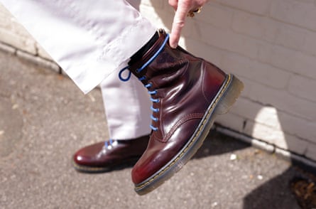 Doc Martens boots worn by fan Mark Shepherd outside the Carpenters Arms pub near Stratford.