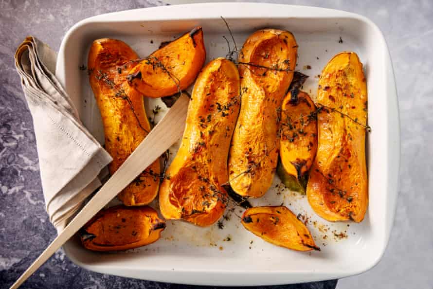 Dish of freshly roasted butternut pumpkins