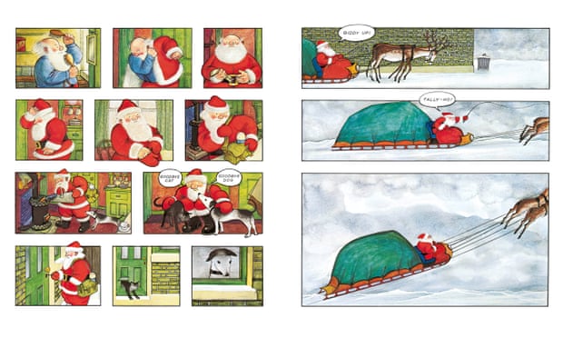 Raymond Briggs artwork for Santa Claus about complaining, flawed Santa.