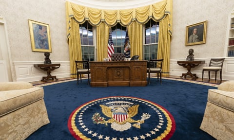 The Oval Office of the White House, newly redecorated for the first day of Joe Biden’s administration.