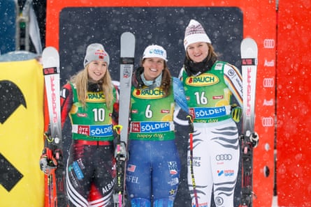 Paula Moltzan (center) celebrates her first career World Cup victory alongside runner-up Lara Colturi of Albania (left) and third-place finisher Emma Aicher of Germany after the women’s giant slalom in Sölden, Austria, on Saturday.