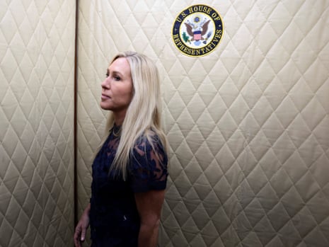 U.S. Representative Marjorie Taylor Greene (R-GA) walks to her final vote, surrounded by staff, in WashingtonU.S. Representative Marjorie Taylor Greene (R-GA) gets into an elevator as she heads to her final vote, at the U.S. Capitol in Washington, U.S., December 17, 2025. REUTERS/Evelyn Hockstein