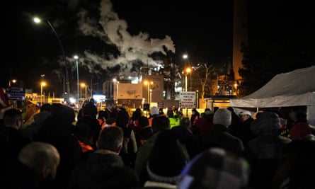 Union members take part in a strike vote at the Exxon-Mobil Port Jerome Gravenchon refinery near Le Havre.