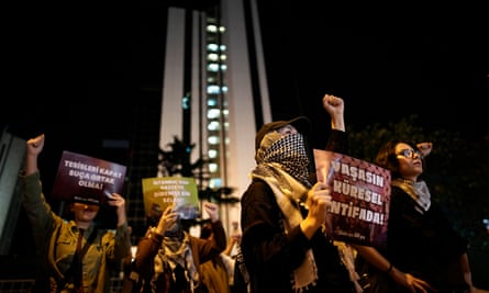 Protesters condemn the killing of the Hamas leader Ismail Haniyeh, next to Israel’s consulate in Istanbul on 31 July.