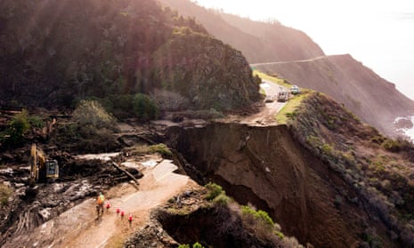 Construction crews work to repair Highway 1 which collapsed into the Pacific Ocean near Big Sur, California. 