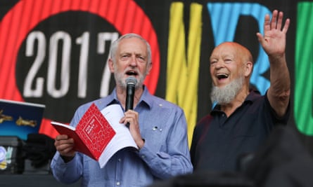 Jeremy Corbyn and Glastonbury founder Michael Eavis on the Pyramid stage.