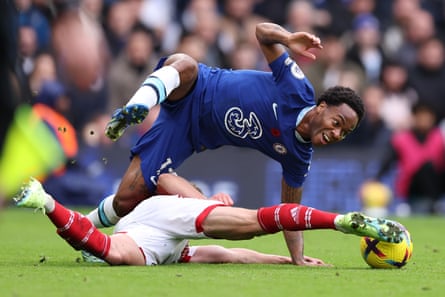 Raheem Sterling of Chelsea is tackled by Oleksandr Zinchenko of Arsenal during their match at Stamford Bridge. Arsenal won 1-0