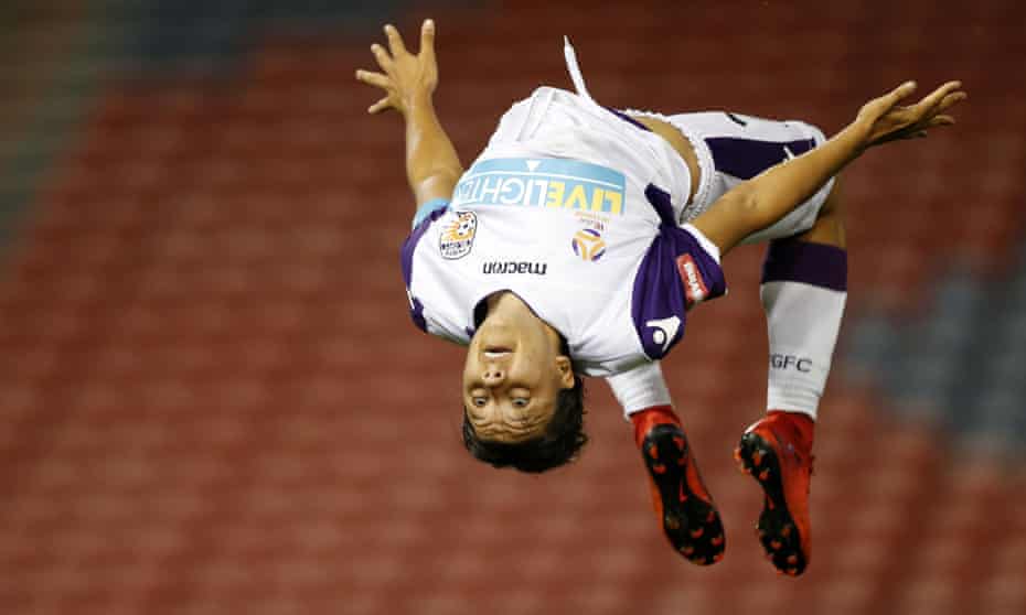 Sam Kerr celebrates one of the goals that made her Perth Glory's record scorer.