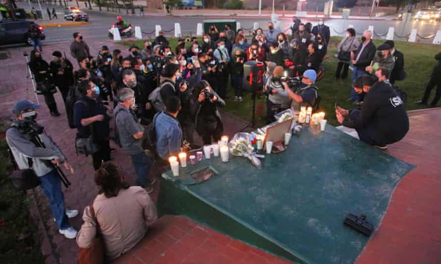 Journalists and photographers take part in a vigil honouring late Mexican photojournalist Margarito Martínez, in Tijuana, on Friday.
