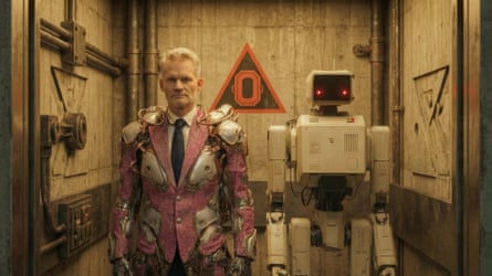 Man in pink suit with metal additions stands beside basic humanoid robot
