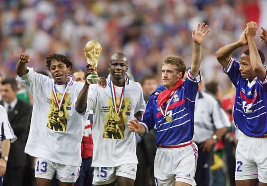 France's Bernard Diomède, Lilian Thuram, Didier Deschamps and Thierry Henry after winning the 1998 World Cup.