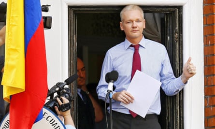 Assange speaks from the balcony of the Ecuadorian embassy in August 2012
