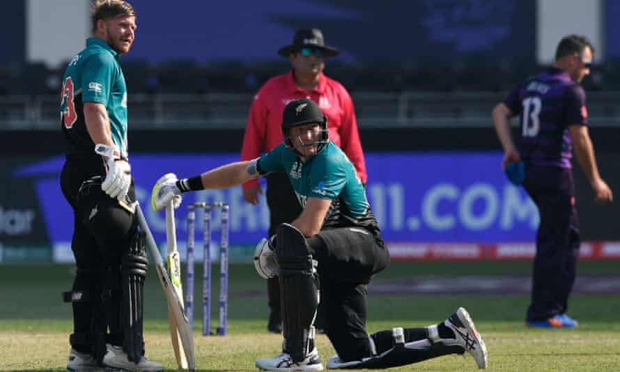 New Zealand’s Martin Guptill, batting with Glenn Phillips, has to take a break