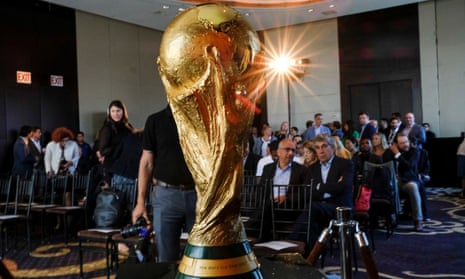 A press conference in New York about the 48-team 2026 World Cup
