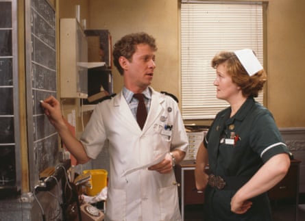 Derek Thompson and Brenda Fricker in a scene from a 1986 episode of Casualty.