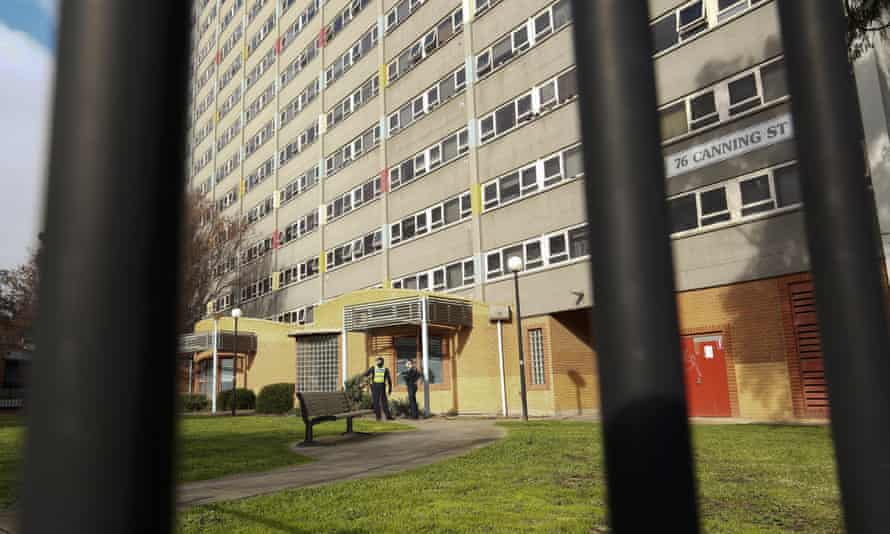 File photo of police outside public housing towers in North Melbourne during a lockdown in July 2020