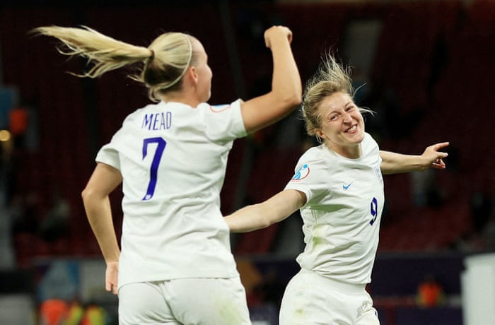 England’s Ellen White (right) and Beth Mead celebrate after the final whistle.