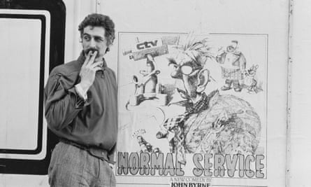 Byrne with a poster promoting his comedy Normal Service in 1979.