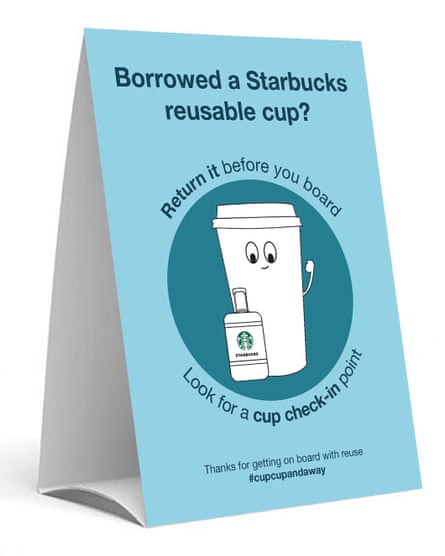 A sign will remind passengers to return their cup before they board a flight