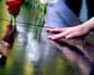 hands touch names on a memorial beside roses