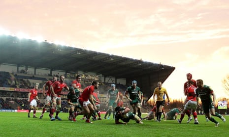London Welsh conceding a try to Leicester in 2014, at the Kassam Stadium