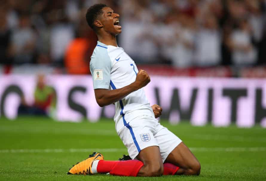 Marcus Rashford of England celebrates after he scores to make it 2-1 during the FIFA 2018 World Cup Qualifier between England and Slovakia at Wembley Stadium on September 4, 2017 in London, England.